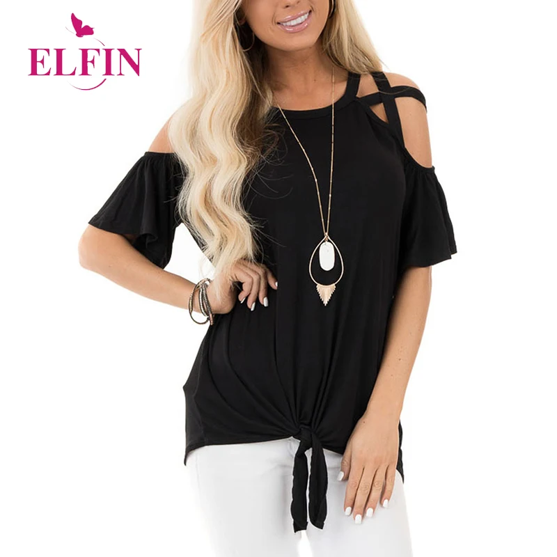 

Женская футболка с вырезами, Повседневная Однотонная футболка с коротким рукавом, в Корейском стиле, с перекрестной плиссировкой, модель ...