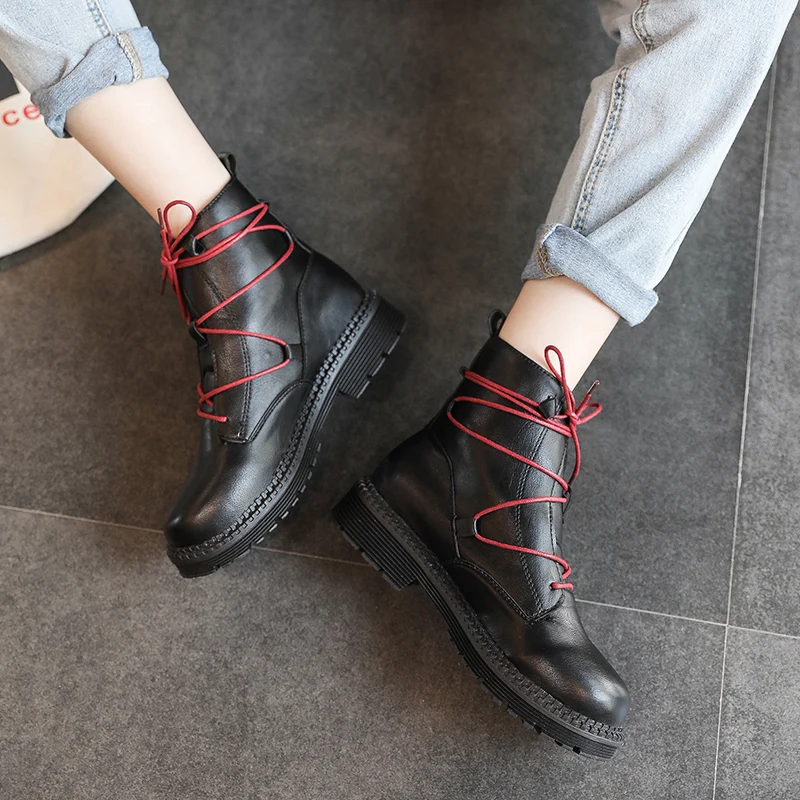 

Women's Female Ladies Woman Ankle Boots Shoes Winter Leather Lace Up Shoes Punk Plus Warm Casual Riding Botas Mujer Plus Size
