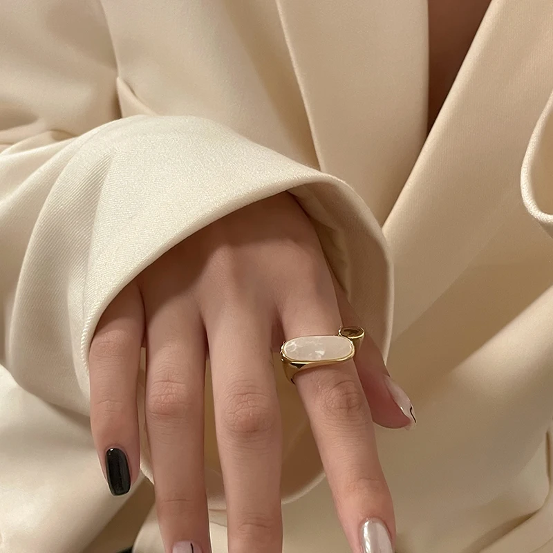 2021 Fashion Korean Oval Shell Opening Rings for Women Micro-zircon Metal 14k Gold-plated Open Ring Gothic Girls Sexy Jewelry | Украшения и