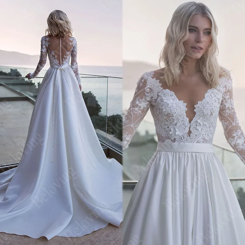 

Lace Appliques Long Sleeves Wedding Dresses V-neck Bride Dress Vestido De Noiva Elegant Satin Beading Buttons Bridal Gowns 2021