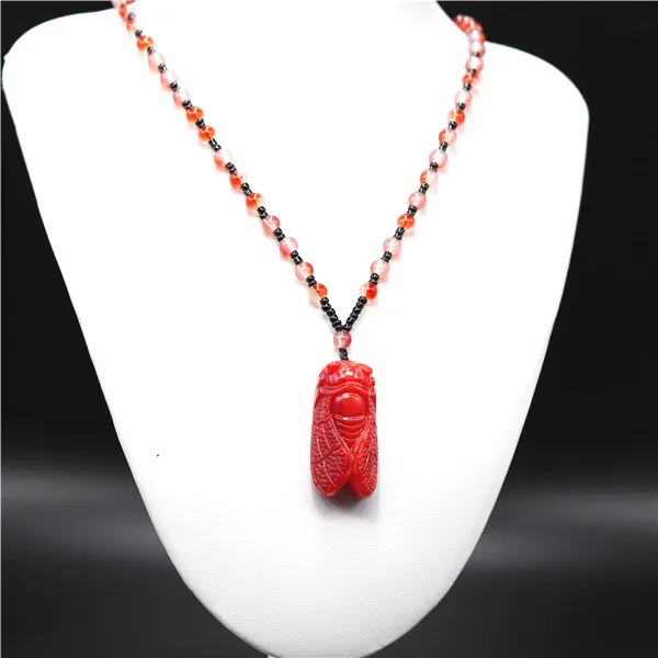 Натуральный красный коралловый Нефритовый камень Цикада ожерелье из бисера