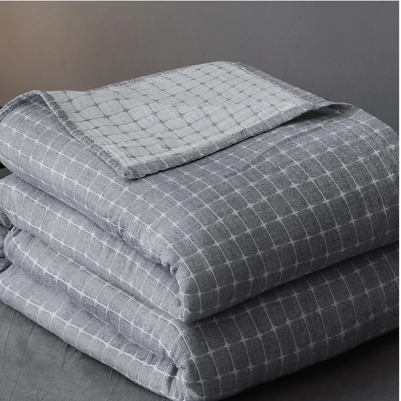 Cotton Gauze Quilt Blanket Soft Throw for Kids Adults Bed Cover Double Queen King Bed Coverlet Grey Blue Plaid Quilted Bedspread