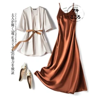 women korean style dress set plus size elegant smooth satin suit jacket and slim dating party a line solid color suspender skirt