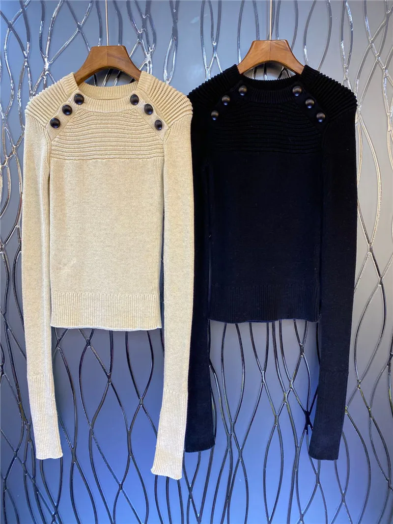

Women Sweater 2020 Autumn and Winter New Button Decoration Slim and Thin Wool Long-sleeved Pullover Sweater