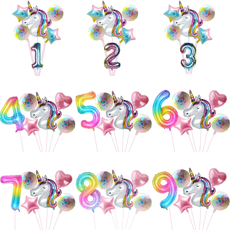 

6pcs Rainbow Unicorn Balloon Large Number Foil Balloons 1st Kids Unicorn Theme Birthday Party Decorations Baby Shower Globos