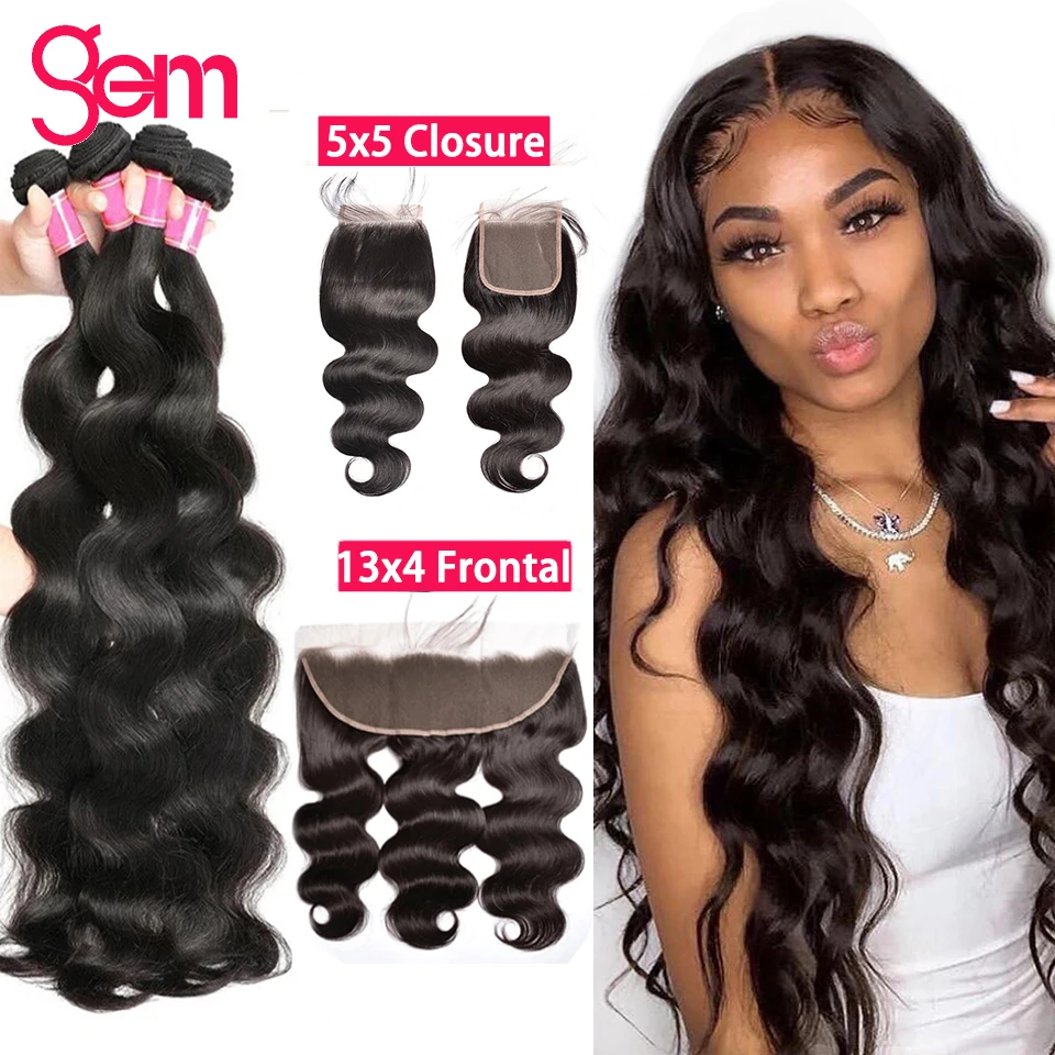 

Body Wave Bundles with Frontal Brazilian Remy 4x4 Closure GEM Beauty Hair Extensions 13x4 Human Hair Weave Bundles with Frontal