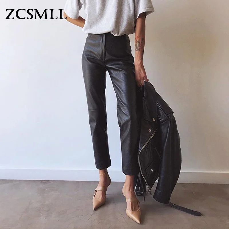 

ZCSMLL 2021 high waist anlke length pants PU leather high quality pencil trousers Autumn And Winter fashion TH224