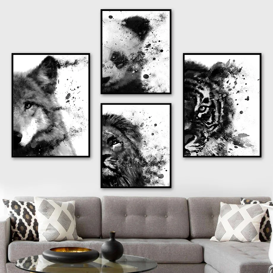 

Black White Panda Tiger Lion Wolf Animal Wall Art Canvas Painting Nordic Posters And Prints Wall Pictures For Living Room Decor