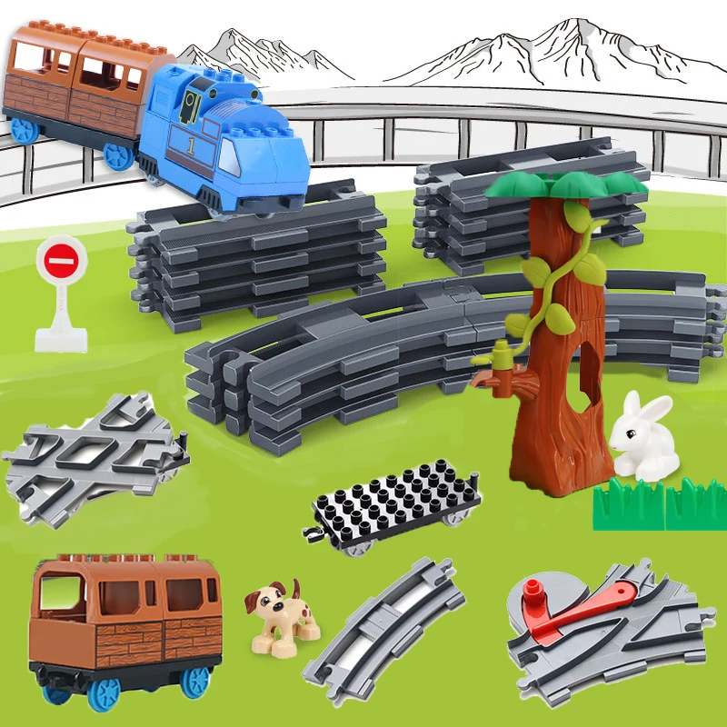 Tren de acción para niños, juegos de transporte ferroviario, accesorios de pista, bloques de construcción de gran tamaño, Compatible con bloques, coche, Juguetes