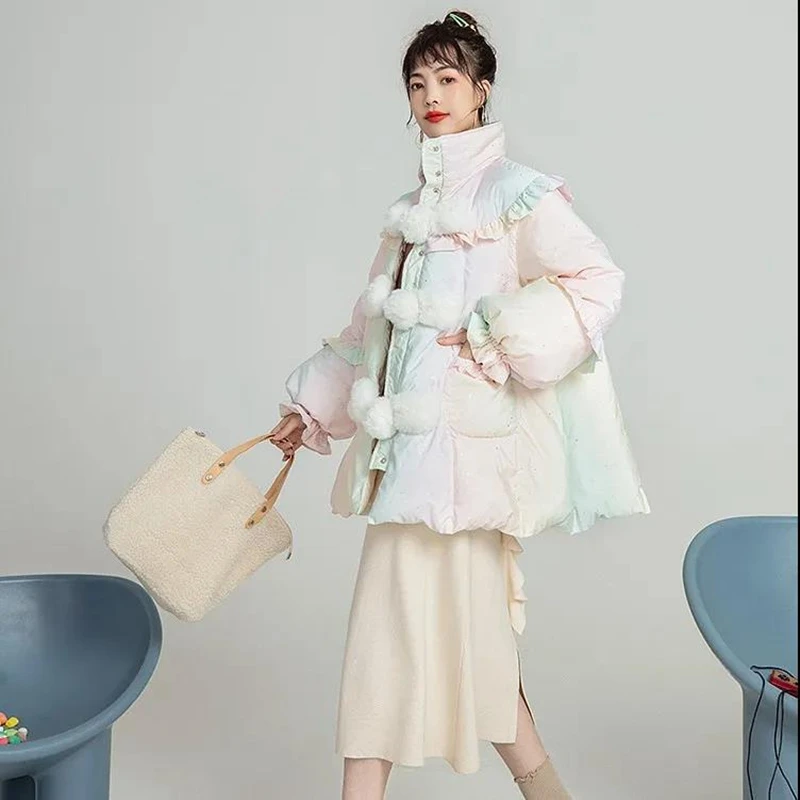 Пуховик с радужной накидкой Женское зимнее плотное хлопковое пальто А-силуэта 2021