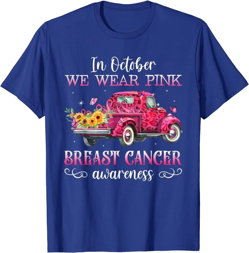

In October We Wear Pink Ribbon Leopard Truck Breast Cancer T-Shirt Short Sleeve Cotton Polyester T Shirts Female Camisetas