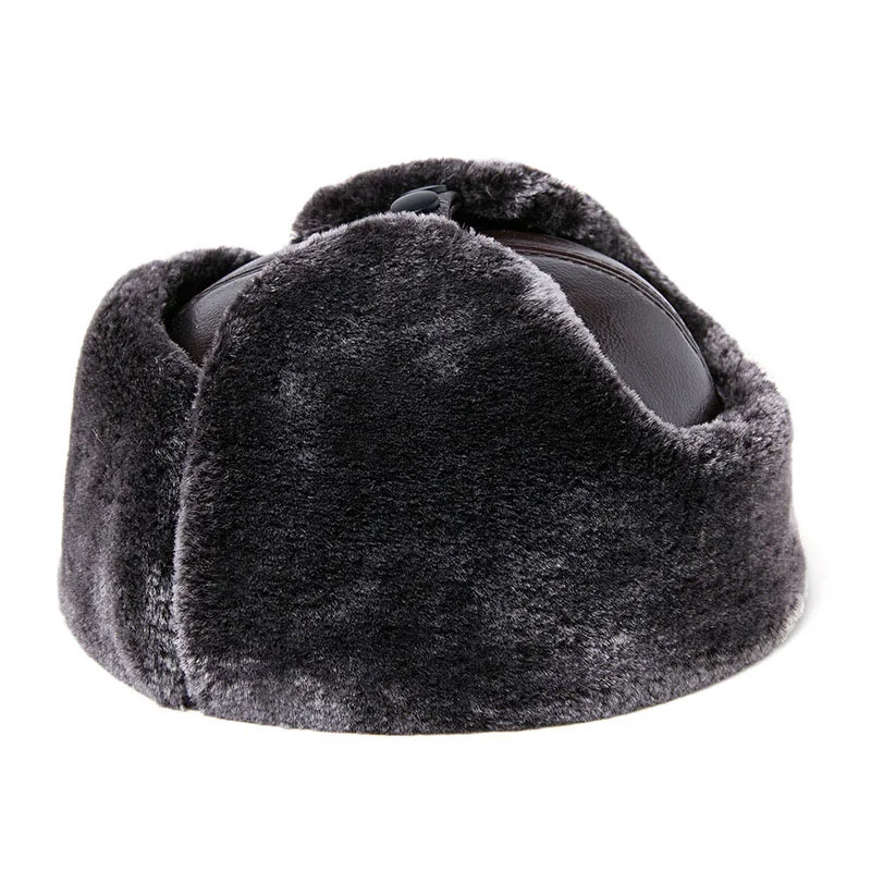 Fibonacci Men's Hat Winter Cowhide Leather Brand Quality Genuine Leather Fur Hat Pom Ear Protect Bomber Hats Russian Ushanka Cap