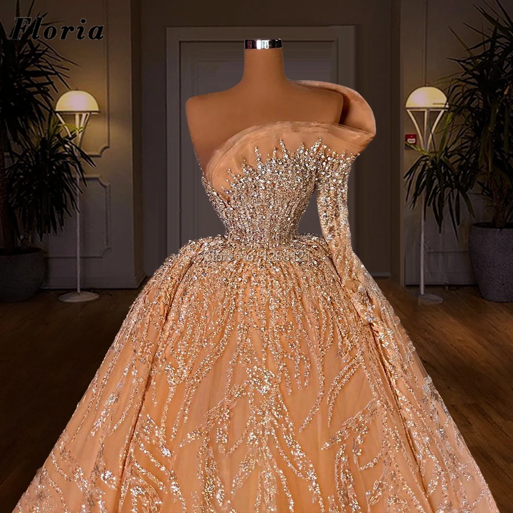 Heavy Beading One Long Sleeve Wedding Dresses 2021 New Luxury Bridal Gowns Vestido De Novia Saudi Arabia Rhinestone Bride Dress