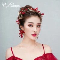niushuya red flower bridesmaid headdress bride hair gold leaf headpiece wedding headband bridal women hair accessories