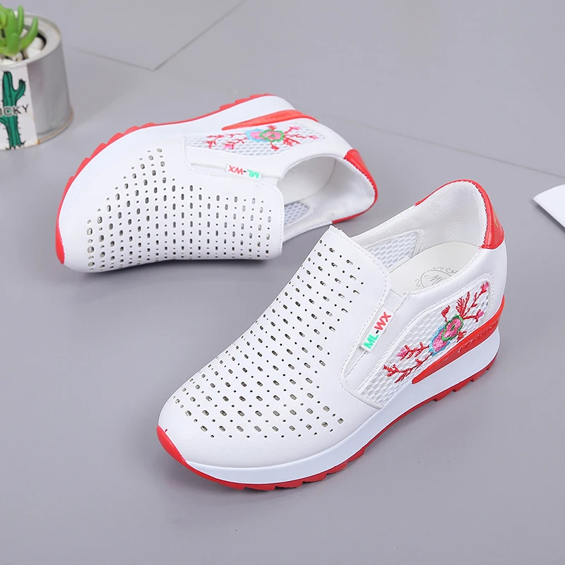 

New Women Wedge Ventilation Platform Sneakers PU Leather Shoes Pointed Toe Height Increasing Creepers Zapato Tenis De Mujer