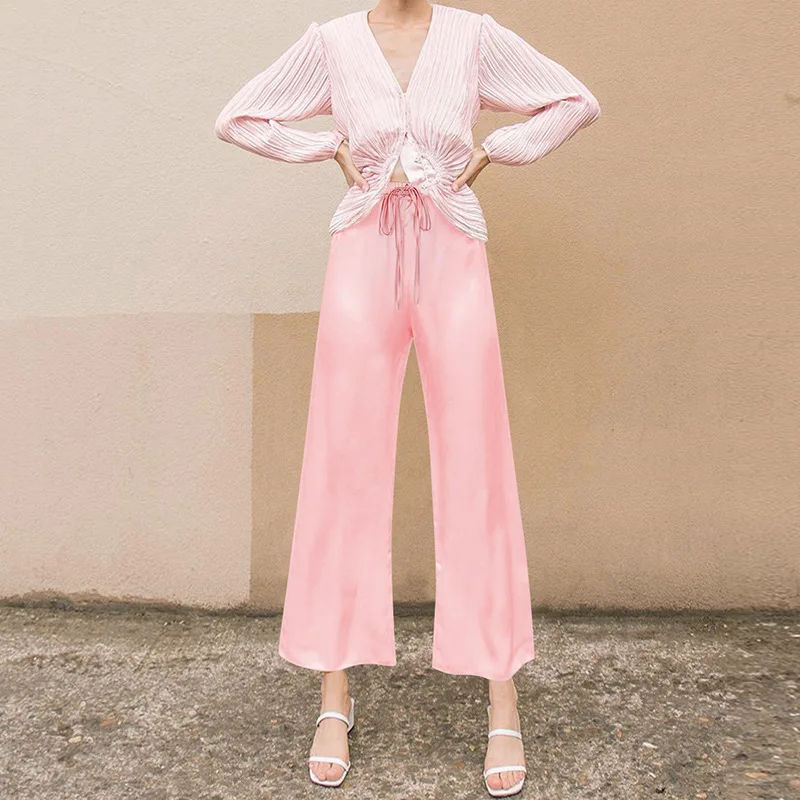 Pink Wannathis атласный шнурок широкие брюки женские осенние шелковые модные повседневные свободные розовые Высокая талия расклешенные брюки однотонные длинные брюки - Цвет: Pink
