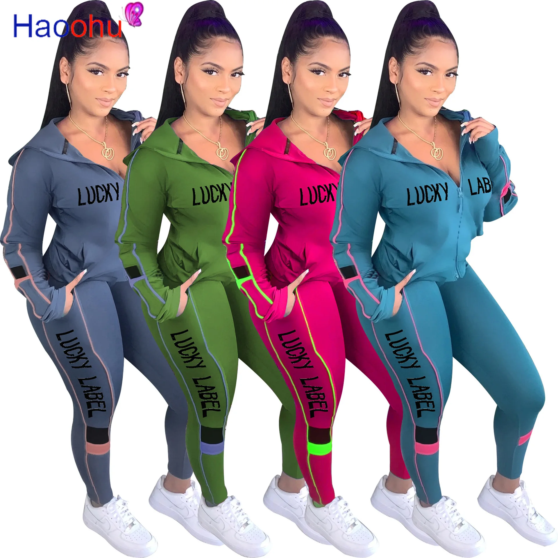

Sportwear Lucky Lable Letter Spliced Women's Set Zipper Hoodies jacket +Pants Set Tracksuit Two Piece Outfit Active Sweatsuit