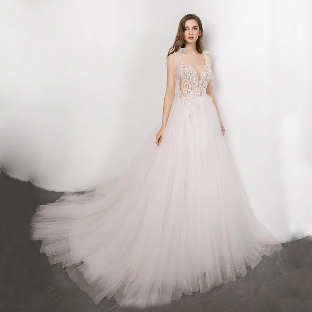 

Bohemian V-neck Backless Wedding Dress Luxury Crystal Pearl New In 2021