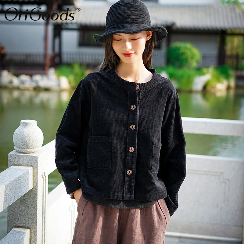 

OriGoods Corduroy Coat 2019 Autumn New Women Coat Cotton O-neck Black Corduroy Coat Loose Casual Cute Coat Outwear Tops C265