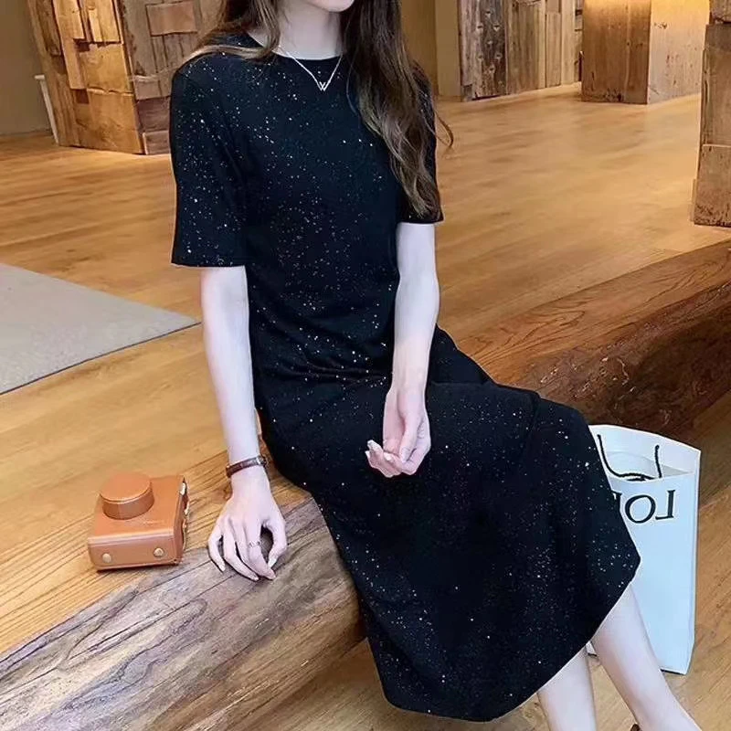 

2021 Summer Short Sleeve Bodycon Black Dress Women Elegant Sexy Fold Slim Waist Mermaid Midi vestidos Cotton Christmas Dresses