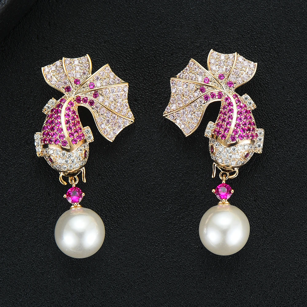 

LARRAURI Trendy Gorgeous goldfish Mermaid Pearl Pendant Earrings Full Clear Charm Cubic Zirconia 2019 New Design Women Jewelry