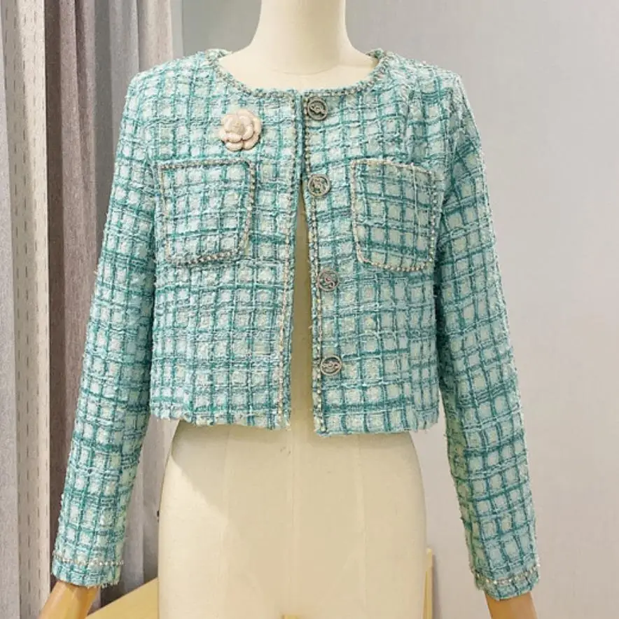

2021 autumn vintage samll fragrance tweed short jacket womrn o-neck slim top jacket