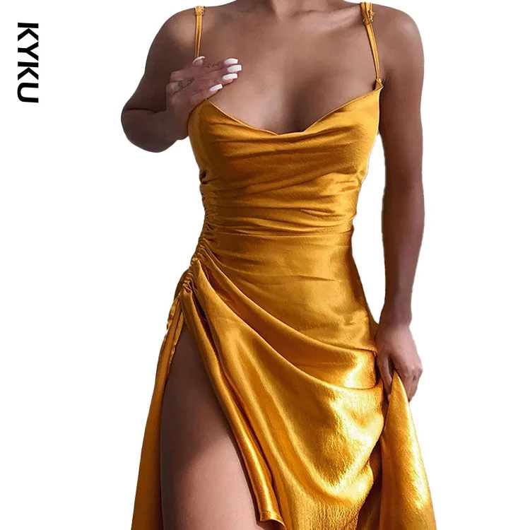 

Summer Women Sleeveless Spaghetti Strap Satin Dress Sexy Backless Side Split Ruched Dress Woman Asymmetrical Knee-Length Dresses