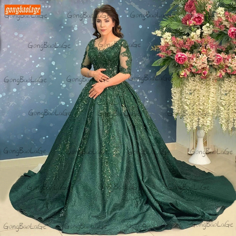 Темно-зеленые вечерние платья с круглым вырезом и бусинами Модель 2020 года