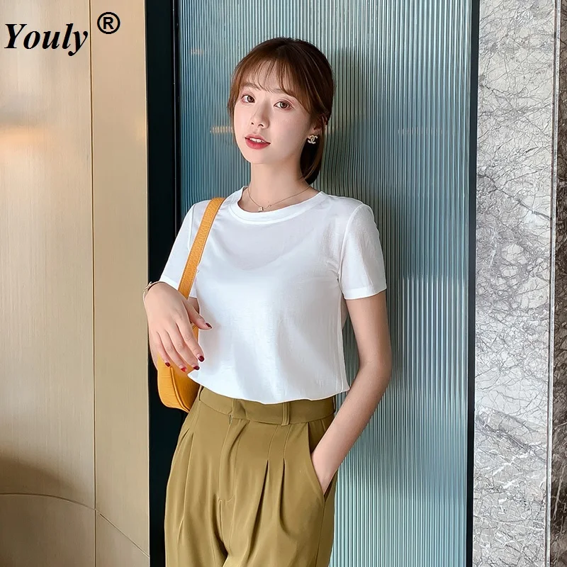 

Cotton Tee Shirt Solid Color Basic T-Shirt Women Casual O-neck Harajuku Summer Top Korean Hipster White Summer Casual Lady Tops