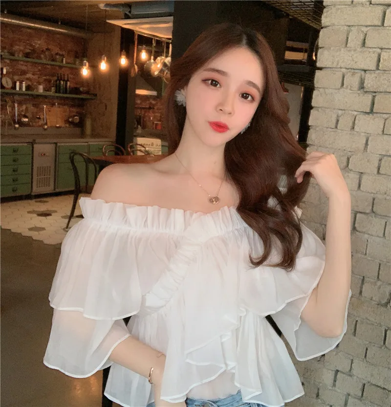

Women Fashion Blouse Slash Neck Butterfly Sleeve Fairy Shirts Sweet Solid Color Tops Sexy Cold Shoulder Ruffled Ladies Blusas