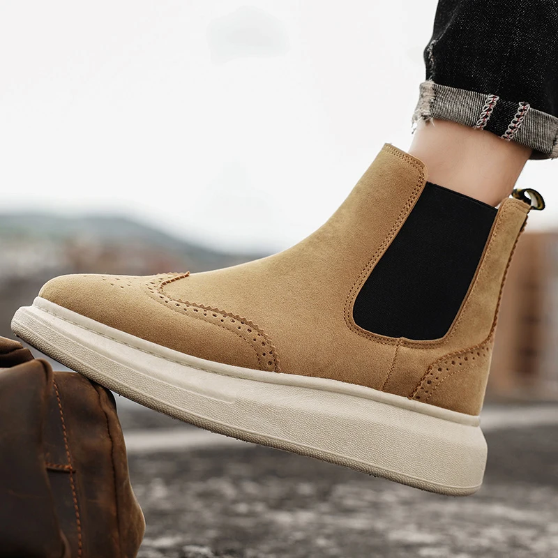 

Men Winter Autumn Desert Western Chelsea Flats Outdoor Sneakers High top Ankle Snow Boots Male Work Safety Dress Running Shoes