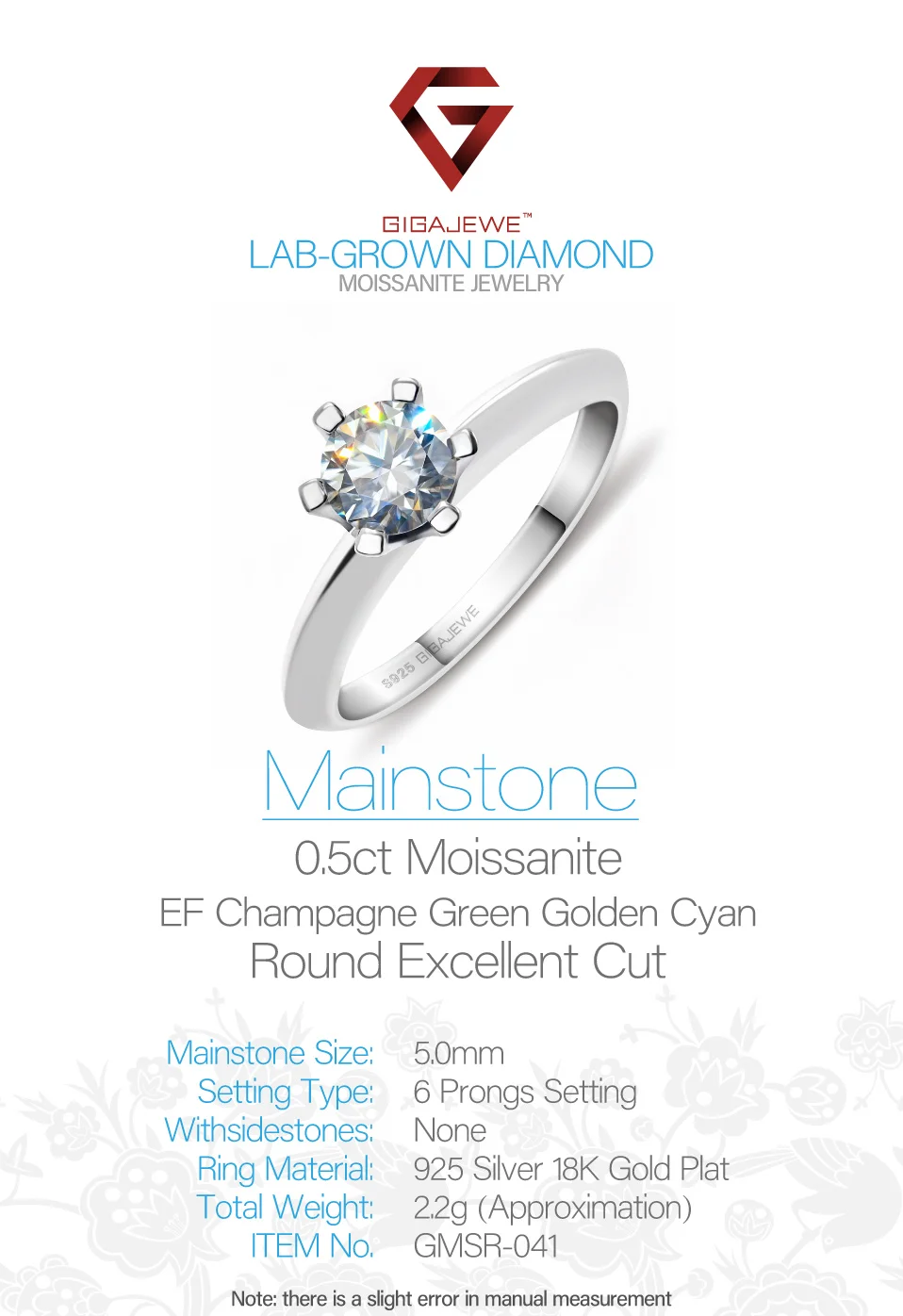 GIGAJEWE, 0.5ct, 5 мм, EF, Круглый, 18 К, покрытый белым золотом, 925 серебро, Муассанит, кольцо, бриллиант, тест, пройденное, ювелирное изделие, подарок для женщины, подруги