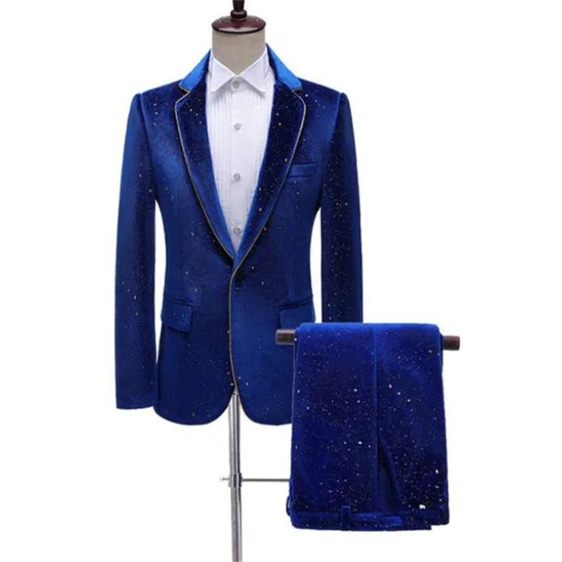 

Luxurious Velvet Tuxedo Suit Male Wedding Groom Dress Suits Pants Mens Royal Blue One Button Peak Lapel Dinner Party Costume
