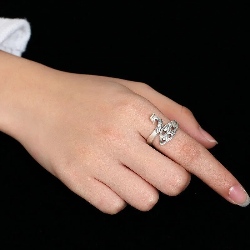 Женское кольцо с птицей Феникс винтажное регулируемое из тайского серебра 925