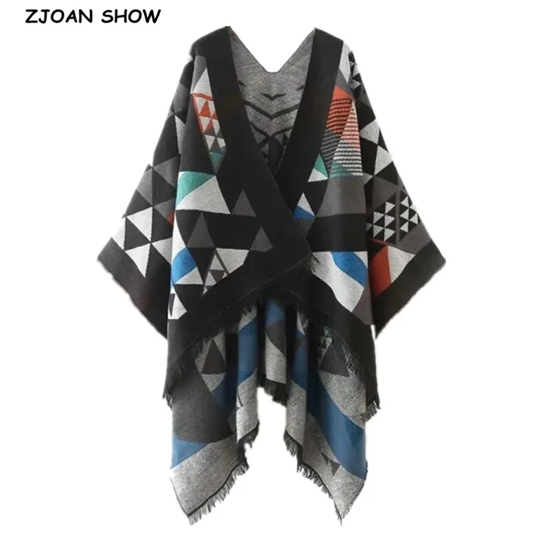 

2021 Autumn Winter Colored Geometric Plaid Knitting Cape Cardigan Women Hem Tassel Irregular Shawl Sweater Knitwear Coat