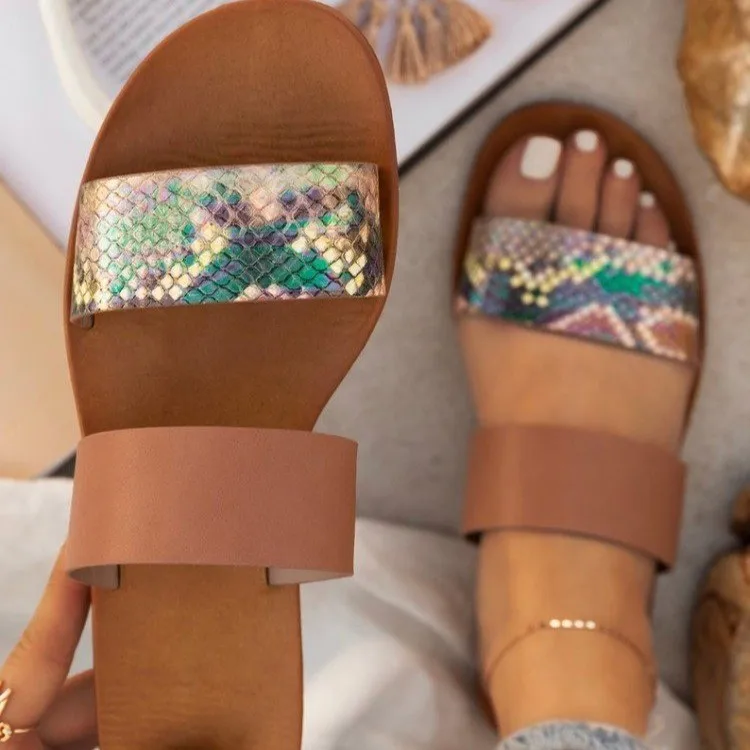 

Summer Snake Print Color Women's Slippers Flat-heeled Gold Sequin Slippers Sexy Fashion Large Size Women's Shoes 35-43