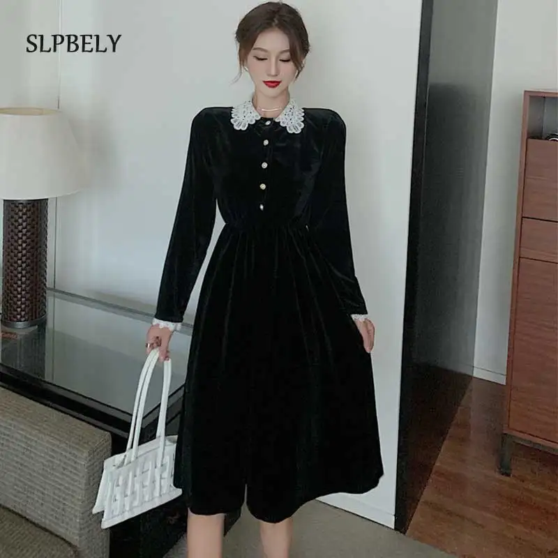 

Элегантное кружевное черное женское платье SLPBELY, осенне-зимнее милое бархатное платье-трапеция с воротником «Питер Пэн», новое французское ...