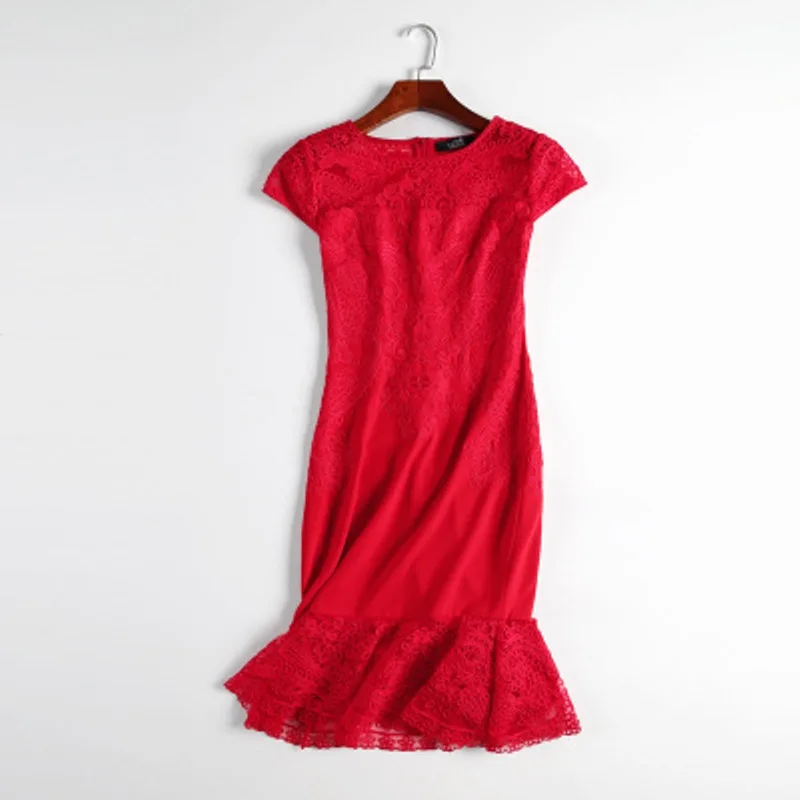 

Office dress NEW Work Superior quality Spring summer elegant women Mermaid plus size M L XXXL Vintage Embroidery dress red
