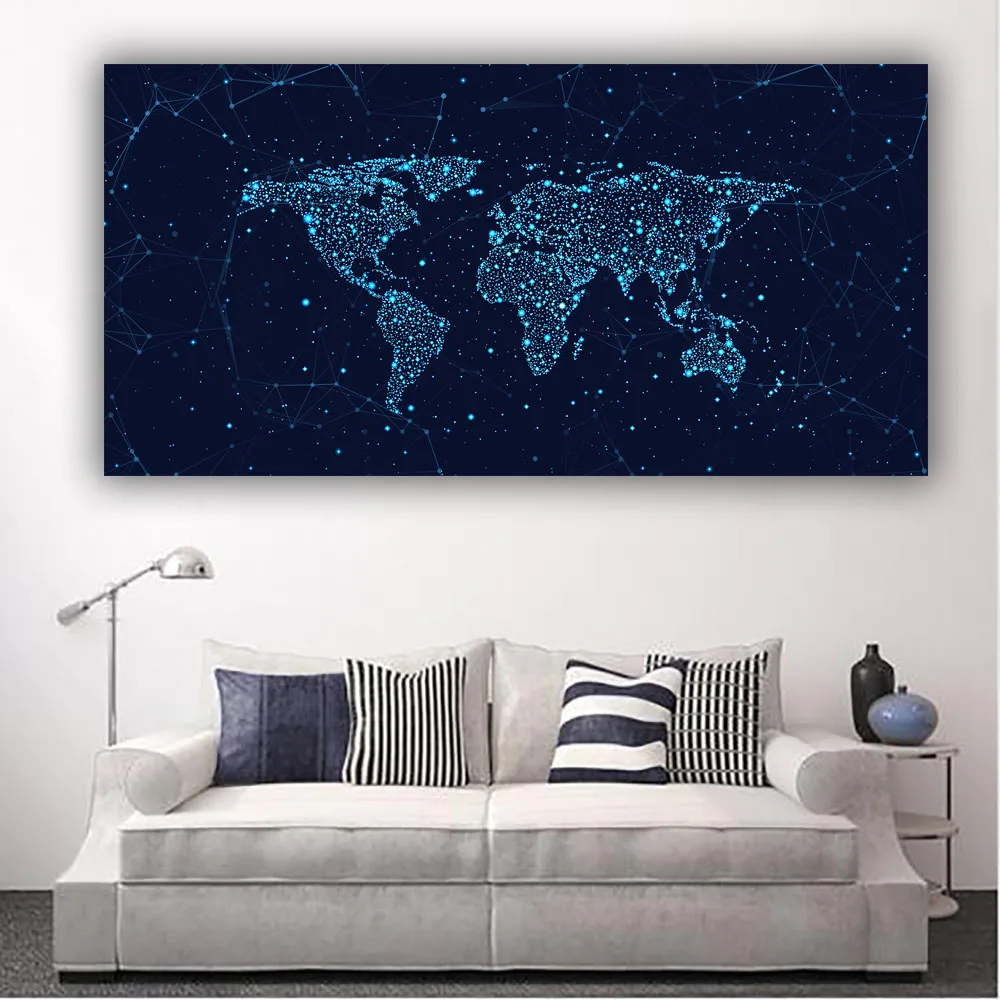 

Abstract World Map Canvas Painting Background Blue Constellation Posters And Prints Wall Art Pictures Living Room Home Decor