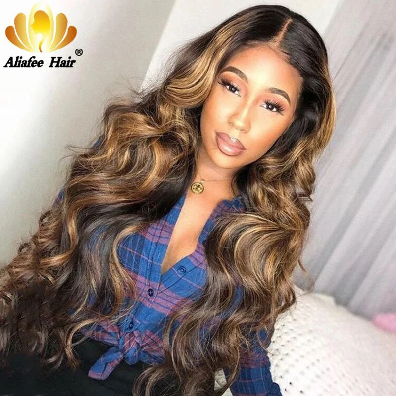 Highlight Wig Ombre Color Brown Honey Blonde Body Wave Lace Closure 4x4 Malaysian Human Hair Wigs 150% Density For Women | Шиньоны и