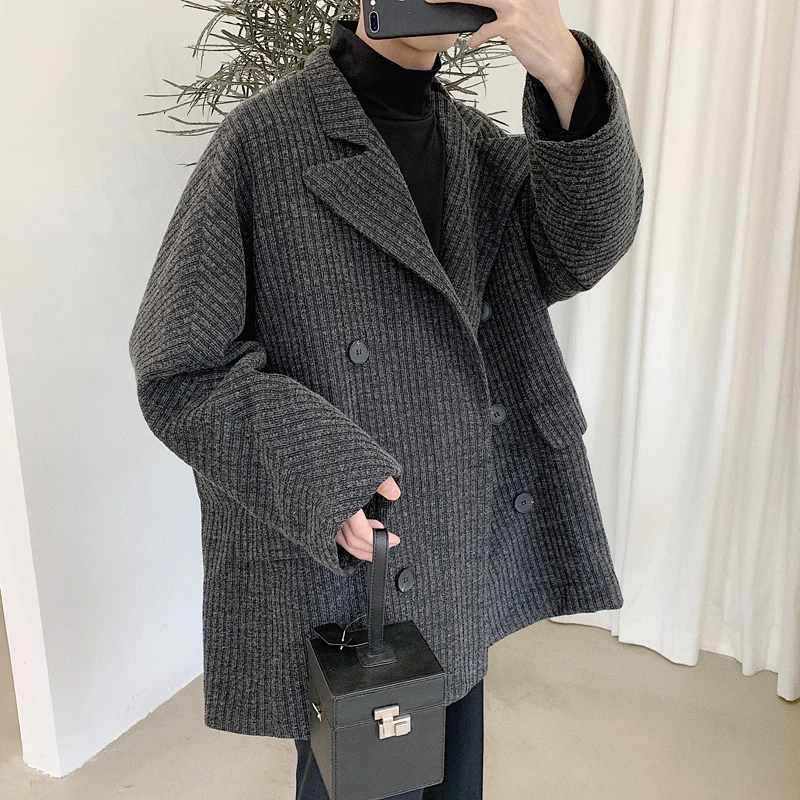 

Мужская двубортная куртка с отложным воротником, черная или серая Повседневная Свободная куртка в стиле ретро, D040