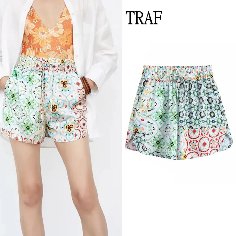 

TRAF Women's Shorts Summer Print Loose Elasti High-Waisted Bermuda Shorts For Women Casual Shorts Chic Women Clothing Pocket