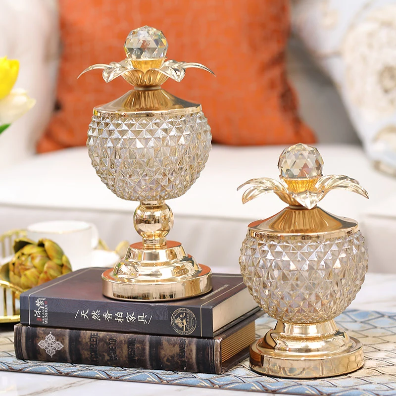 

European Metal Glass Small Storage Tank With Lid Ornaments Living Room Furnishings Glass Container Pineapple Candy Storage Jars