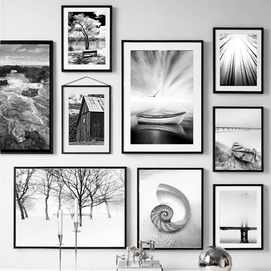 

Black White Forest Sea Aurora Bridge Boat Wall Art Canvas Painting Nordic Posters And Prints Wall Pictures For Living Room Decor