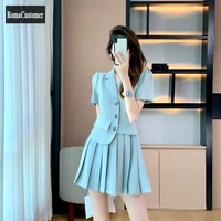 summer new womens professional suits dress folds blue fake two vintage korean office lady elegant solid fashion pleated dress