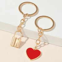 red enamel heart keychains men gold color lock key chains for women fashion car love pendant keychain girl kid bag key ring gift