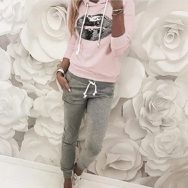 Модные повседневные женские худи с пайетками и облегающие длинные брюки