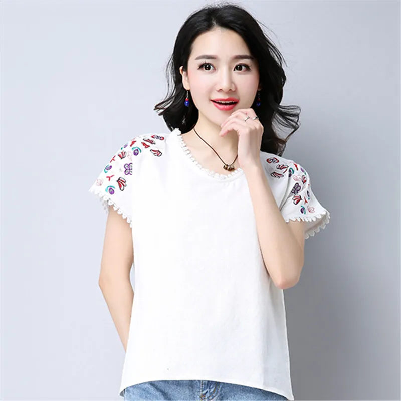 

Women Short Sleeve O-Neck Cotton Linen T-Shirts 2020 Summer New Fashion Female Embroidery Tee Shirts Casual Lady Loose Thin Tops