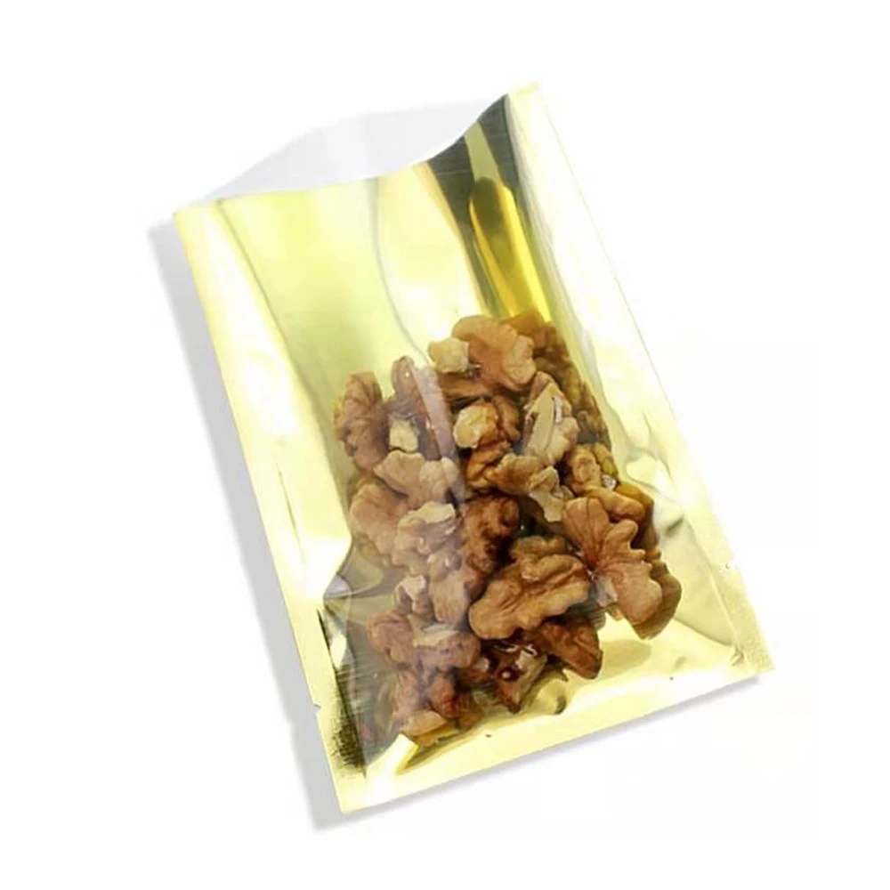 

100 шт./лот прозрачный золотой пакет из алюминиевой фольги с открытым верхом, вакуумные герметичные пакеты с отрывной крышкой для хранения ед...