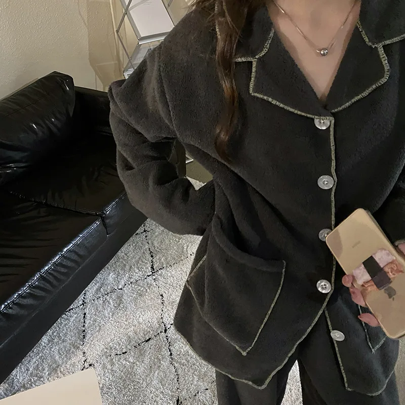 

Lazy and comfortable long-sleeved trousers pajamas warm home clothes ladies suit in autumn and winter пижама женская теплая